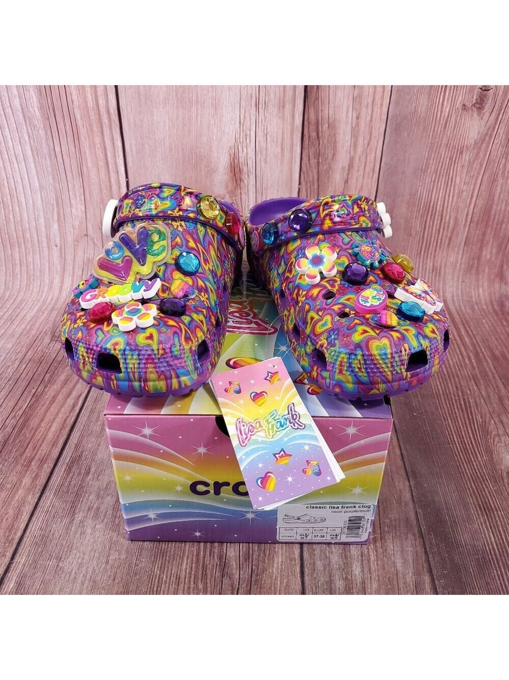 NIB Crocs Classic Lisa Frank Clogs Womens SIze 7 Neon Purple Multi Sandals